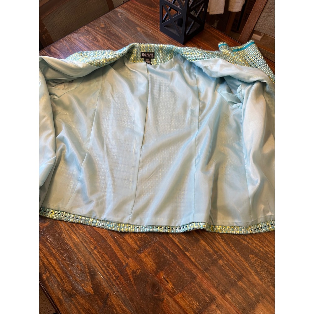 Maggie Barnes Petite‎ 22WP Tweed Open Front Jacket Turquoise Yellow Mermaidcote - Picture 10 of 12